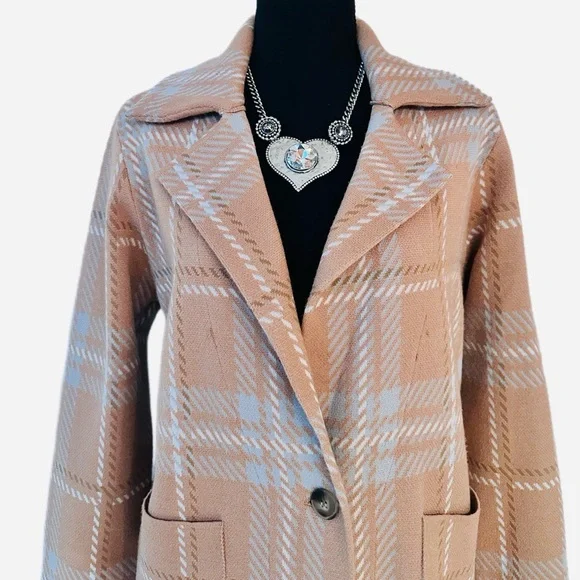LOVE + LUXE ~ Plaid Tan Longline Cardigan/Coat w/Hints of Blue and Off White - Picture 4 of 9